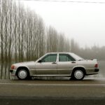 A trio of vintage Mercedes Benz W201 models showcased in an outdoor setting, emphasizing their classic design and appeal.