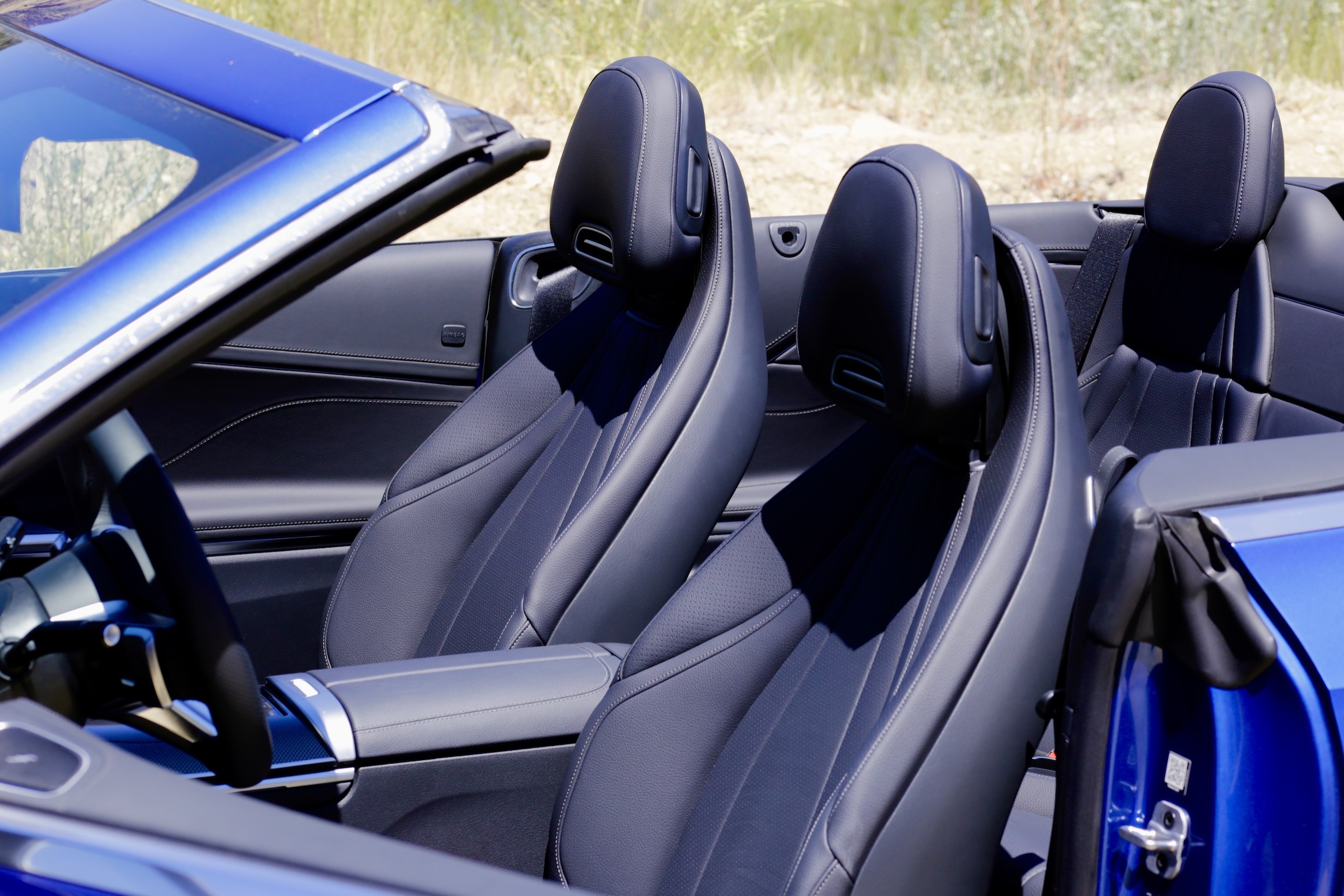 Close-up of the 2024 Mercedes-Benz CLE300 Cabriolet leather seats, highlighting the stitching and perforated ventilation.