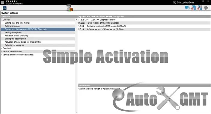 Close up of XENTRY v06.2023 activation window, highlighting simple activation text