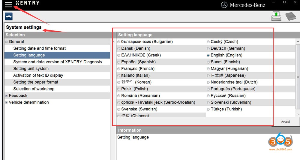 DAS Xentry language settings shortcut properties