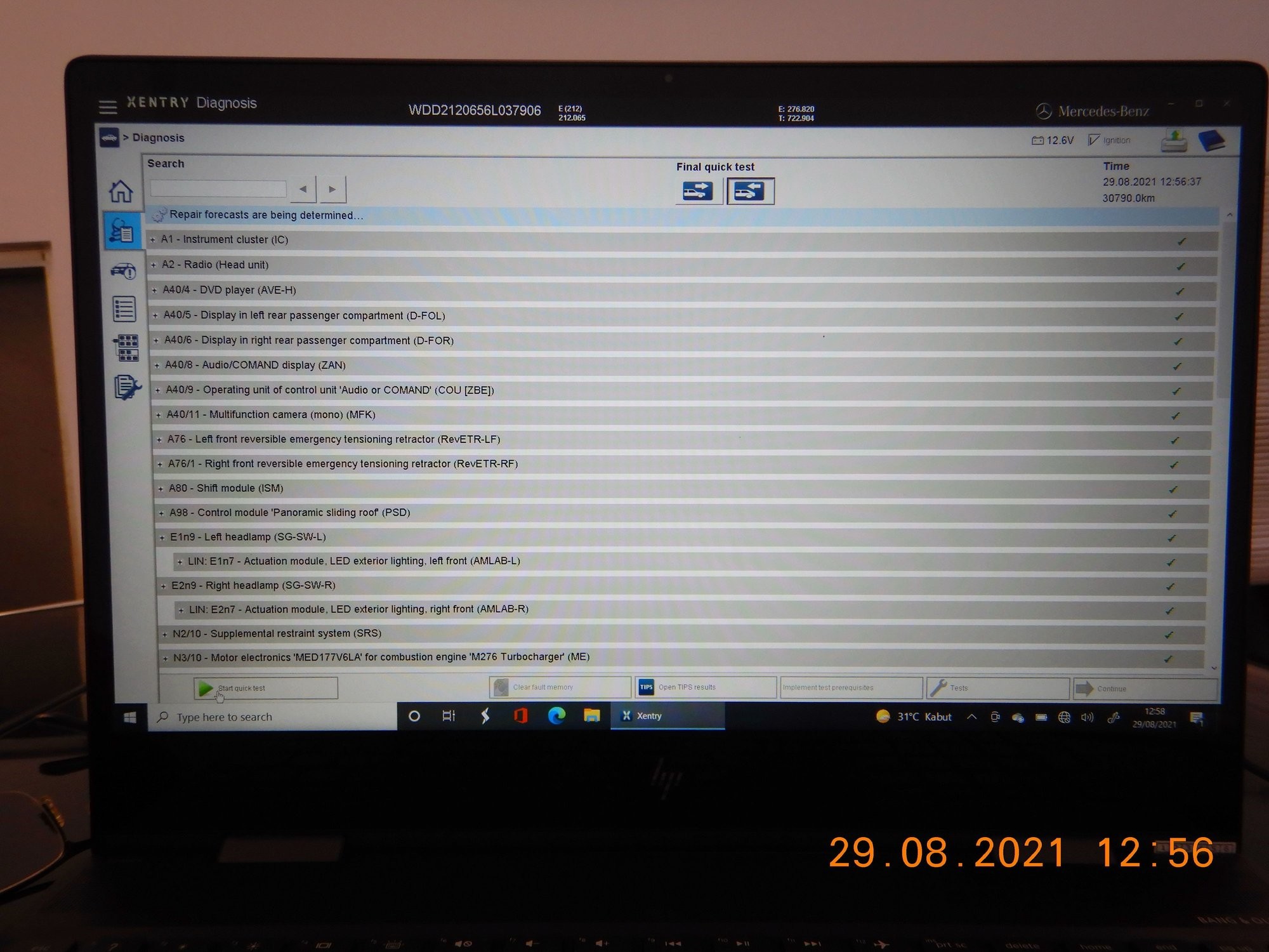 Dashboard view of a Mercedes-Benz vehicle diagnostic scan showing module readings