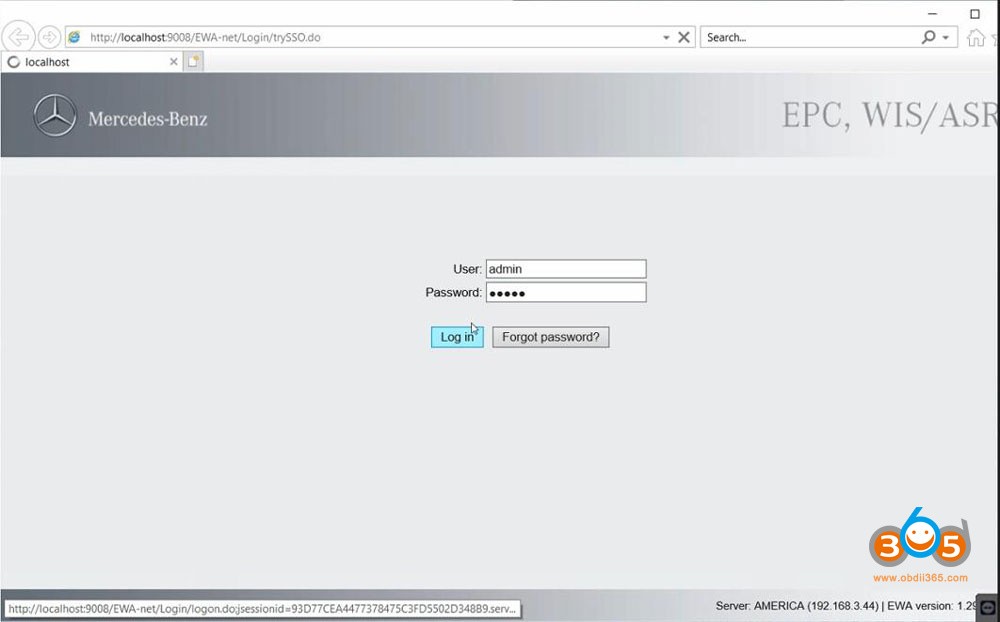 Login screen for WIS/EPC activation