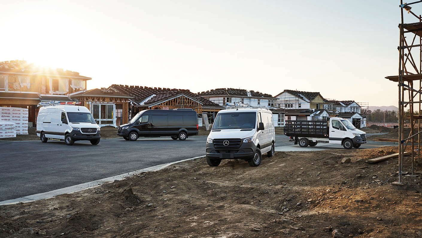 Mercedes-Benz Sprinter van lineup at dealership, highlighting the roomy mercedes benz sprinter van inside for various needs.