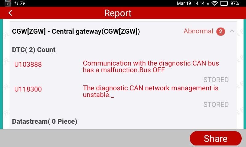 Stored Fault Codes Displayed by Diagnostic Tool for Mercedes-Benz